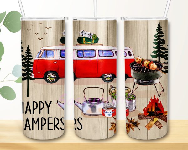 20 oz Skinny Tumbler Faux Wood Happy Campers Vintage Retro for Sublimation Tumbler Digital Design PNG Sale