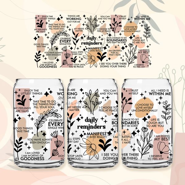 16 oz Libbey Glass Can Wrap Sublimation Design Boho Daily Reminders Affirmations Motivation Inspirational, Self Love, Positive Quote For Sale