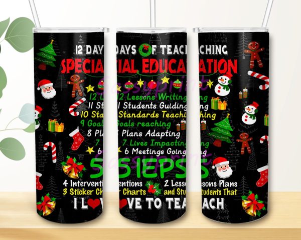 12 Days Of Teaching Special Education 20oz Skinny Tumbler Sublimation Designs Merry Christmas Straight Tapered Tumbler PNG File Digital Download Hot on Sale
